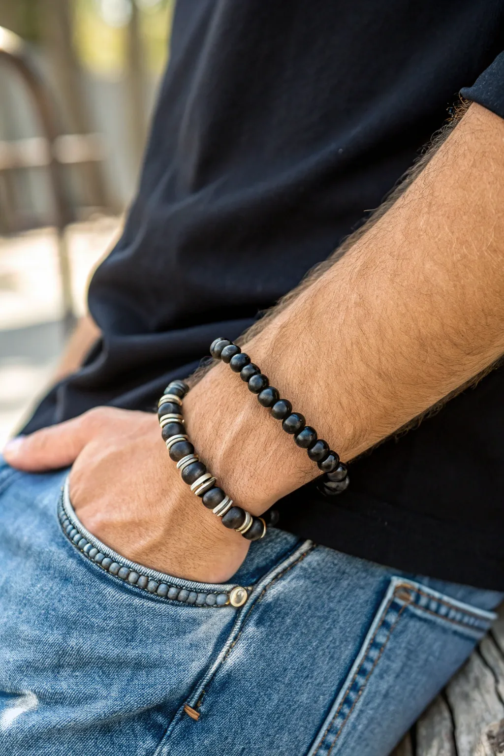 Matte black heishi bracelet with sleek metal spacers a simple, modern look for everyday wear