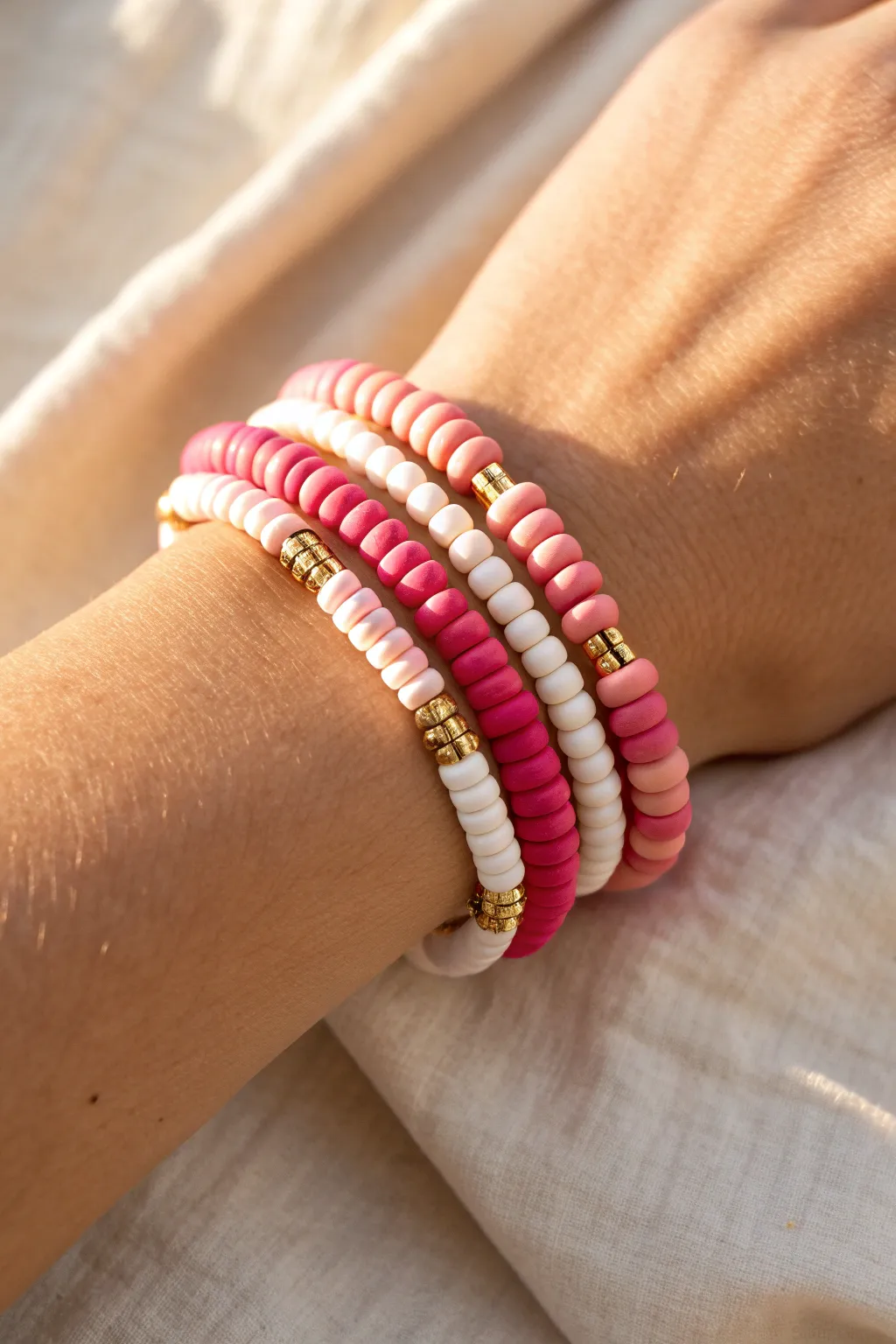 Classic pink ombre heishi stack: easy bracelets fading from hot pink to blush and near-white.