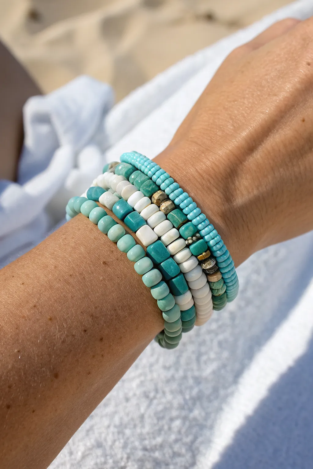 Classic ocean blues in a simple heishi clay bead stack, perfect for breezy summer beach days.