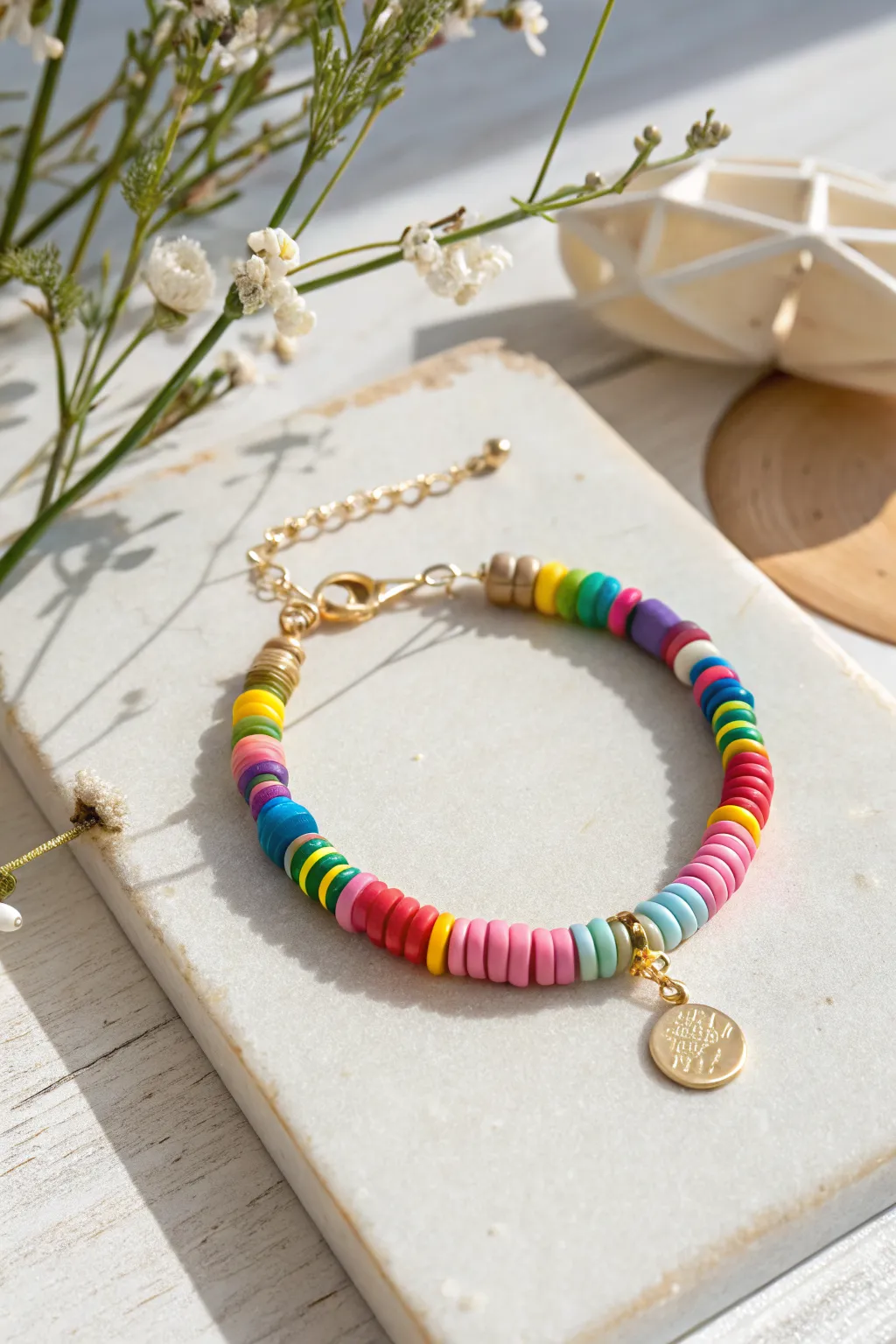 Classic rainbow heishi bracelet with a simple center charm, easy to recreate and bright.