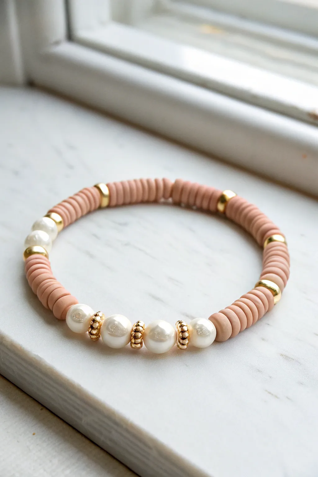 Half clay heishi, half luminous pearls—an easy stretch bracelet with modern minimalist contrast.