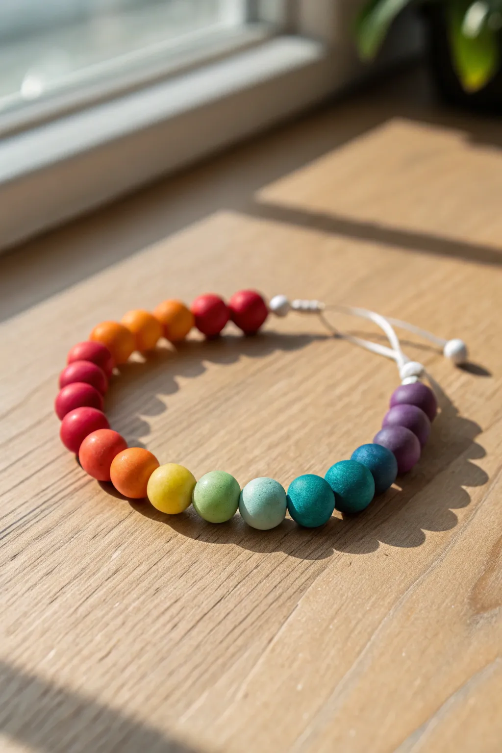 Saturated rainbow clay bead bracelet with no white spacers, clean minimalist boho look