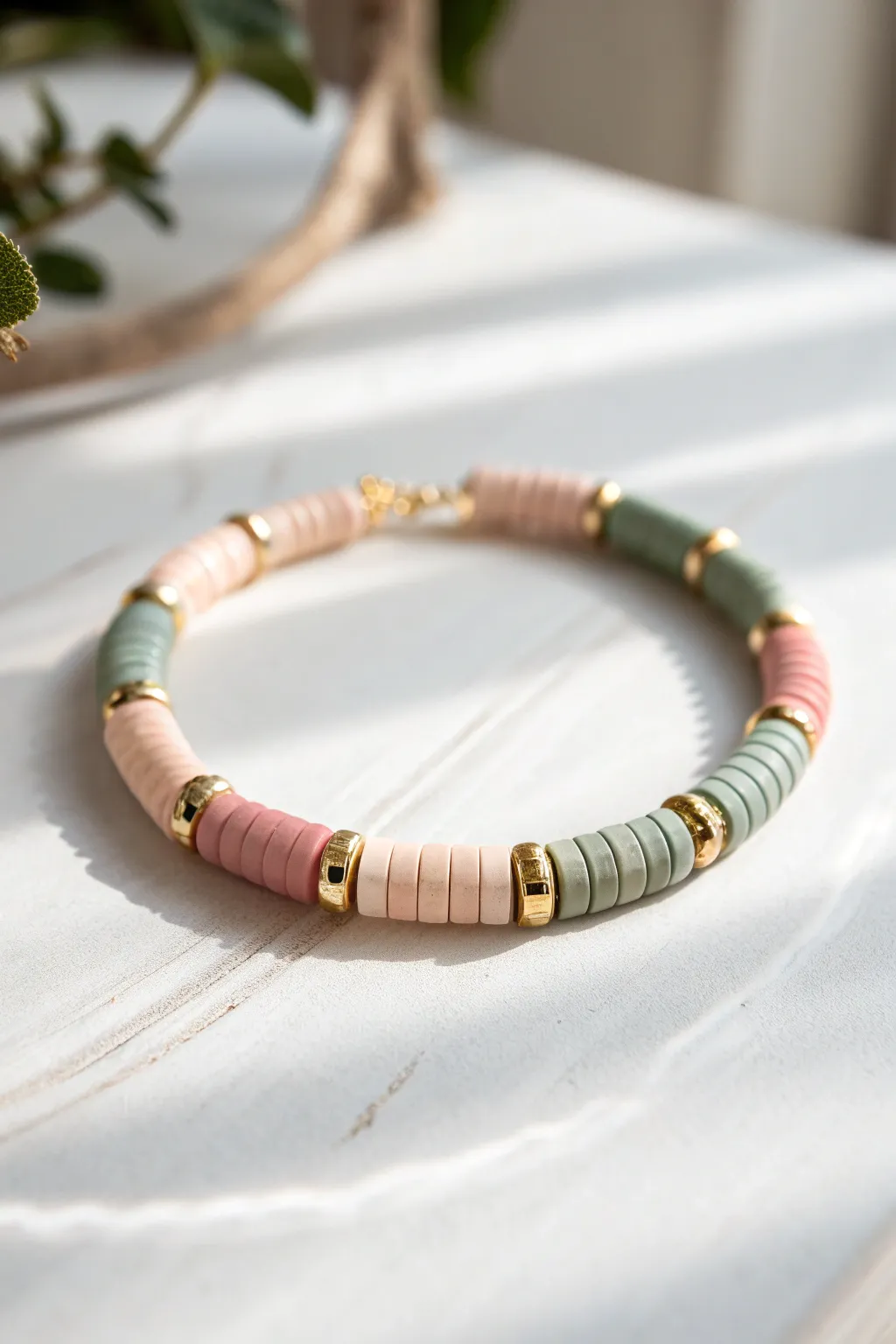 Color-blocked heishi bracelet with gold spacer beads in soft, modern neutrals