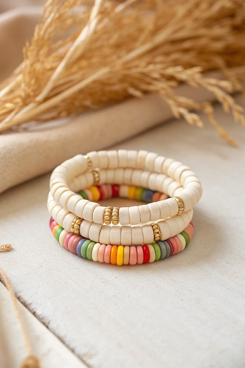 Classic rainbow heishi stack with two minimal companions for effortless boho Scandinavian style.