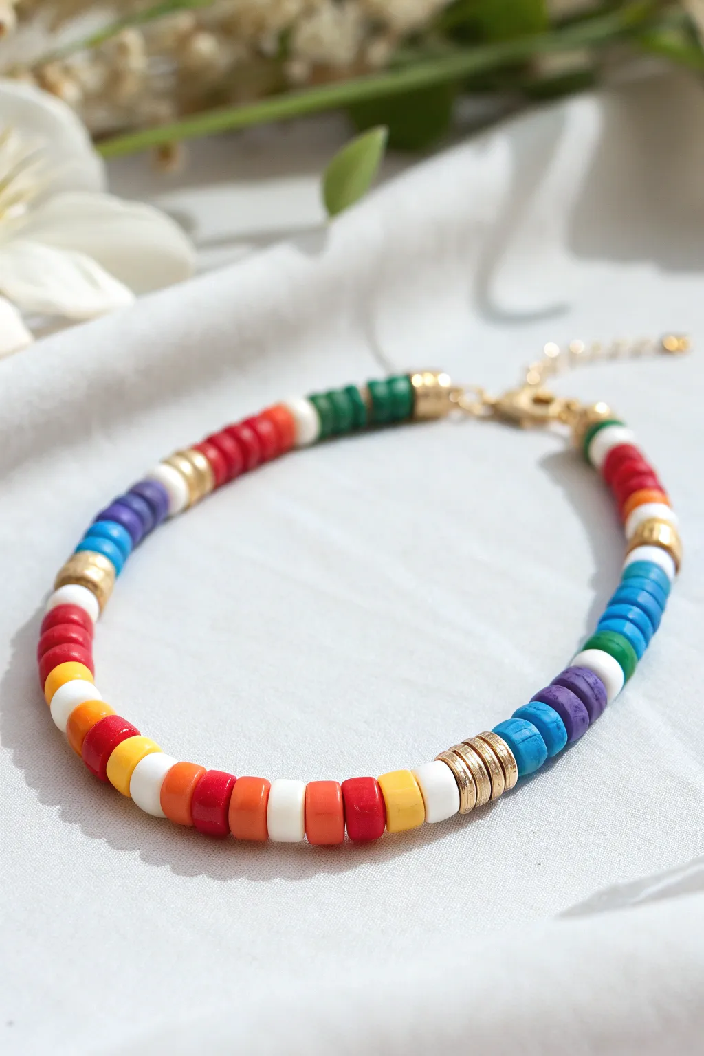 Classic rainbow Heishi clay bead bracelet with clean stripes on a bright minimalist backdrop
