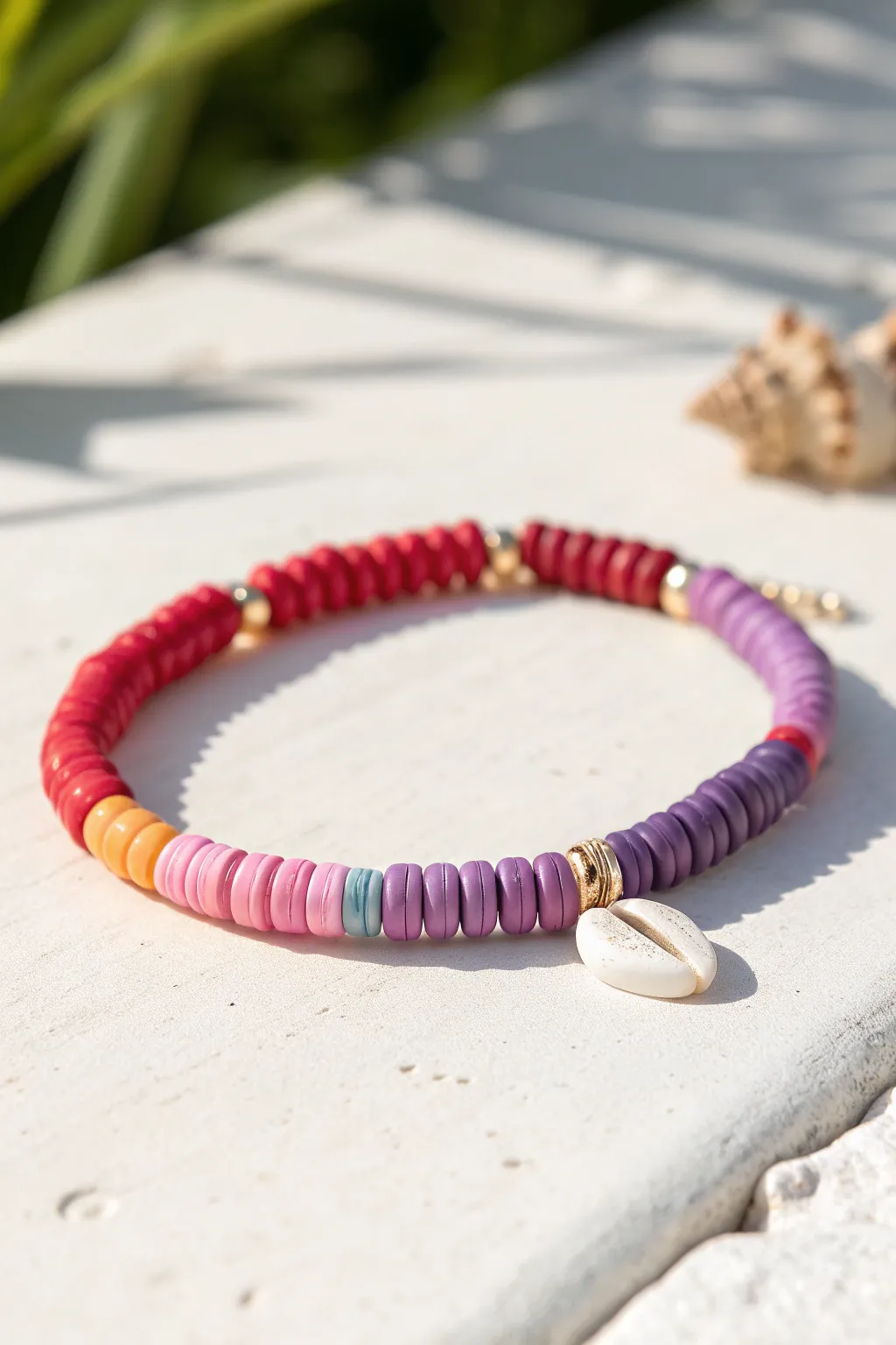 Classic rainbow heishi bracelet in a smooth gradient, minimal styling, bright neutral backdrop
