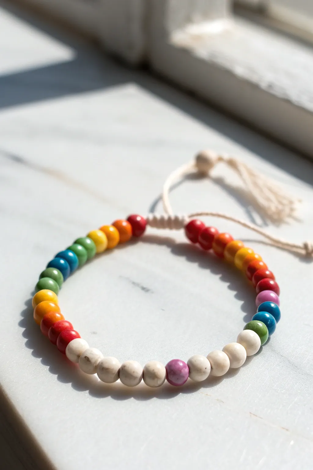 Classic rainbow clay bead bracelet flatlay with crisp color order and minimalist, boho charm.