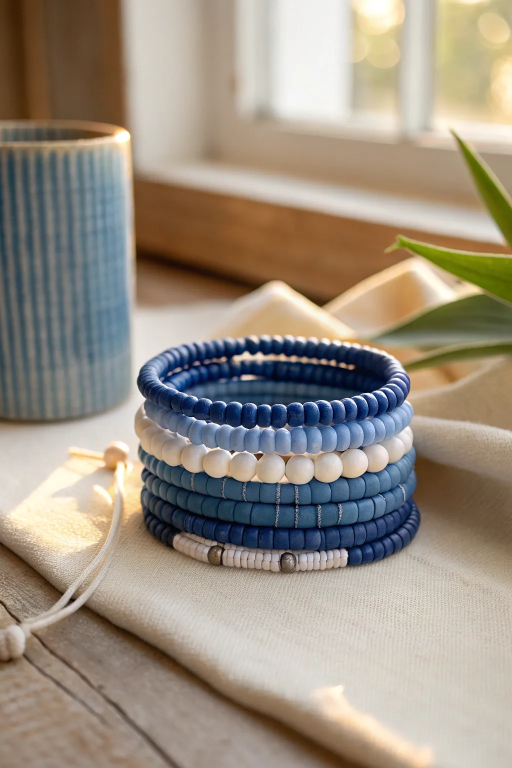 Classic blue ombre heishi bead bracelet stack, from navy to sky blue with a crisp white accent.
