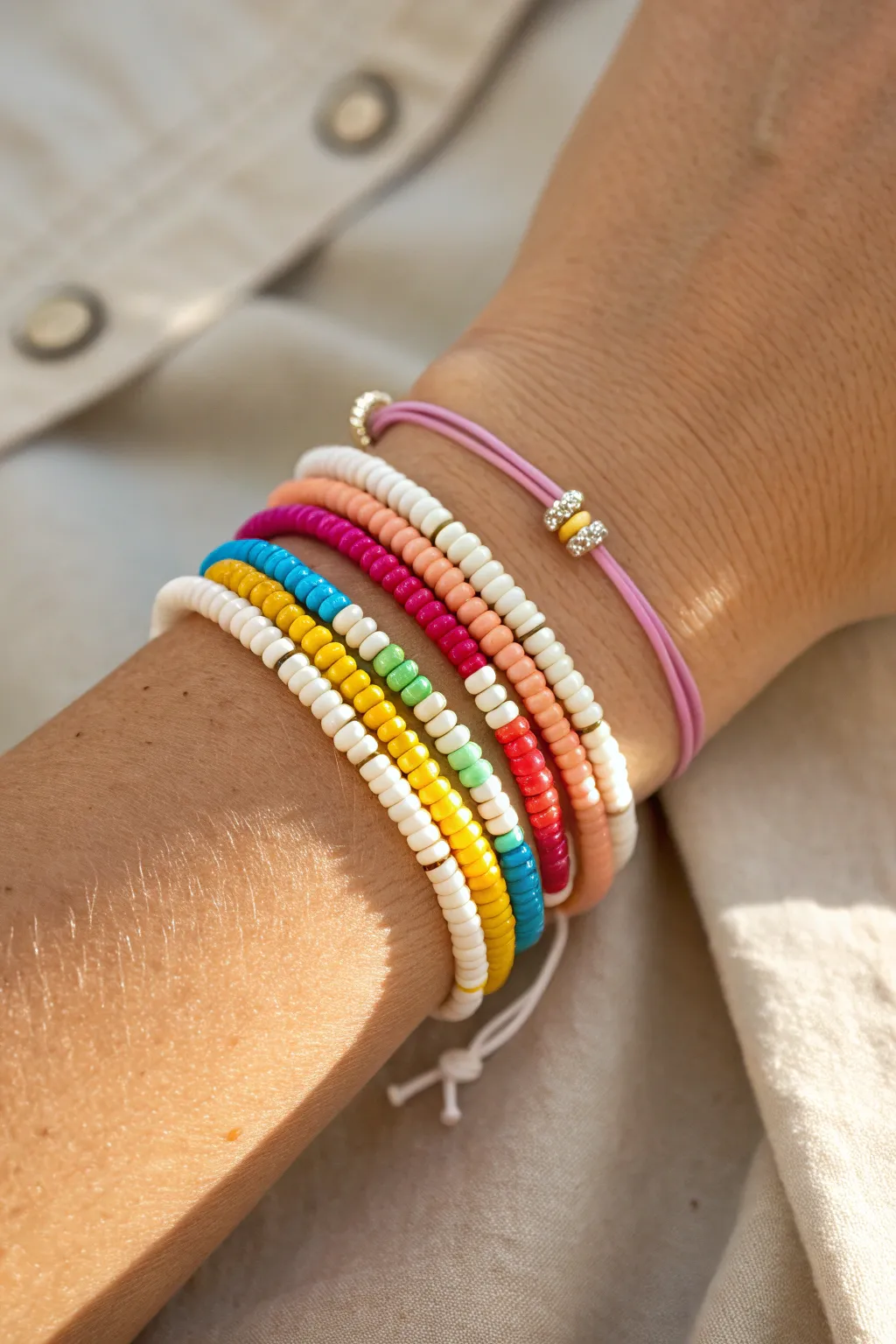 Classic rainbow heishi bracelet stack with crisp white breaks, minimal boho handmade charm.