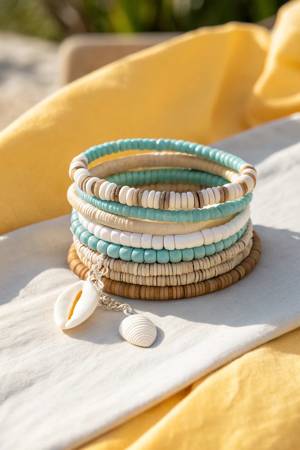 Classic beachy heishi bracelet stack in aqua, white, and sandy beige with a simple shell charm