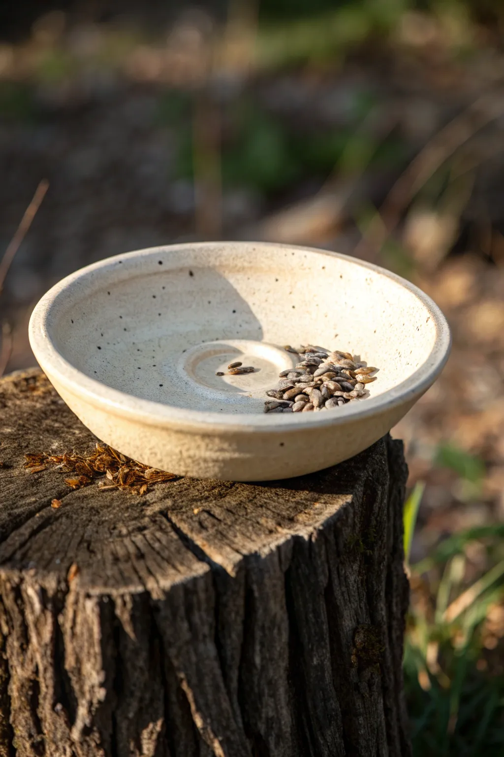 Classic clay seed dish bird feeder with drainage hole, simple and beautiful for any garden nook.