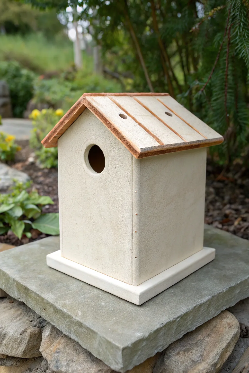 Classic slab box ceramic birdhouse on a stone, minimalist earthy style with cozy garden vibes