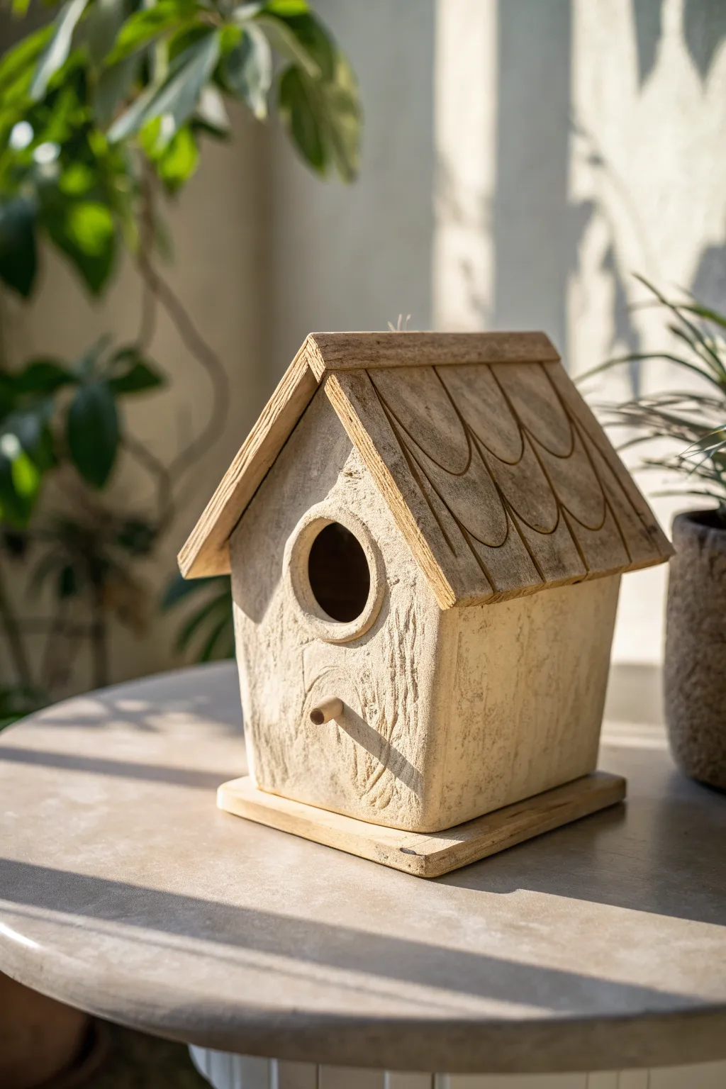 Classic slab cottage birdhouse in natural clay, clean lines and soft texture for a calm space
