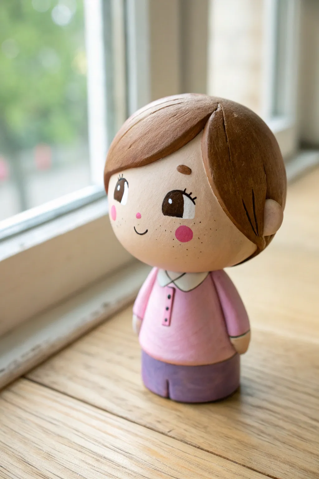 Beginner-friendly chibi clay bobblehead self-portrait with a sweet smile and clean minimal style