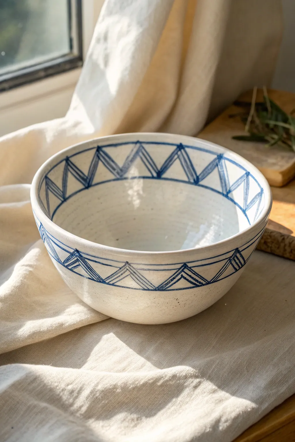 Minimal white clay bowl with crisp blue geometric lines, styled on linen in soft daylight.