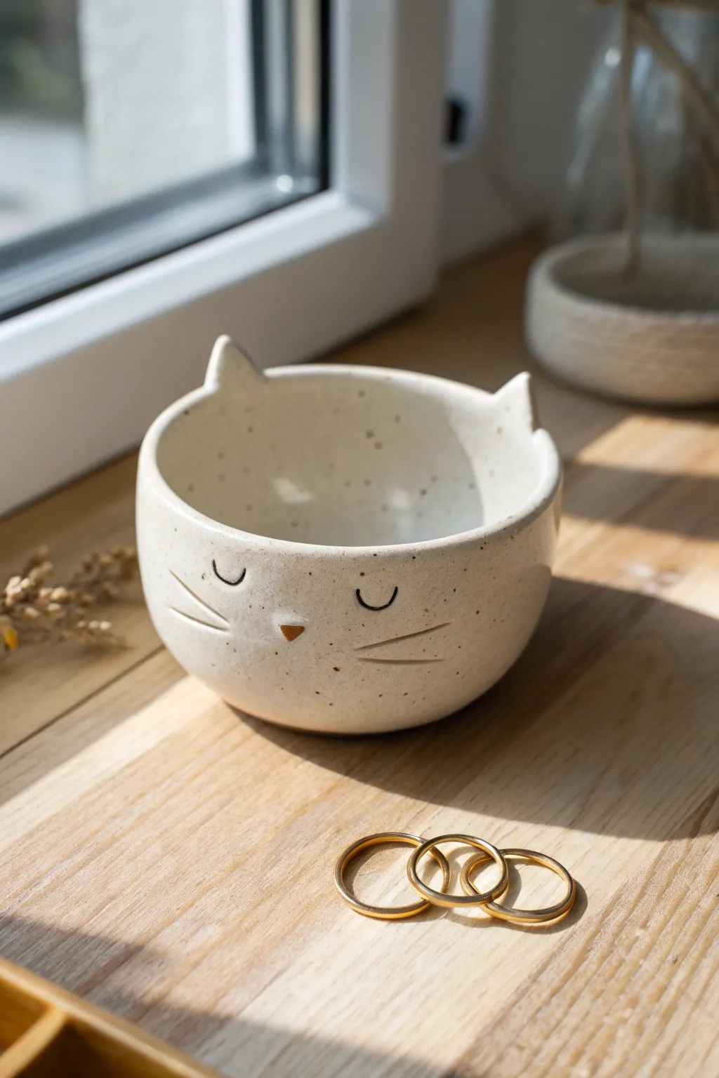 Minimal cat face pinch bowl in soft neutrals, a sweet handmade touch for your tabletop.
