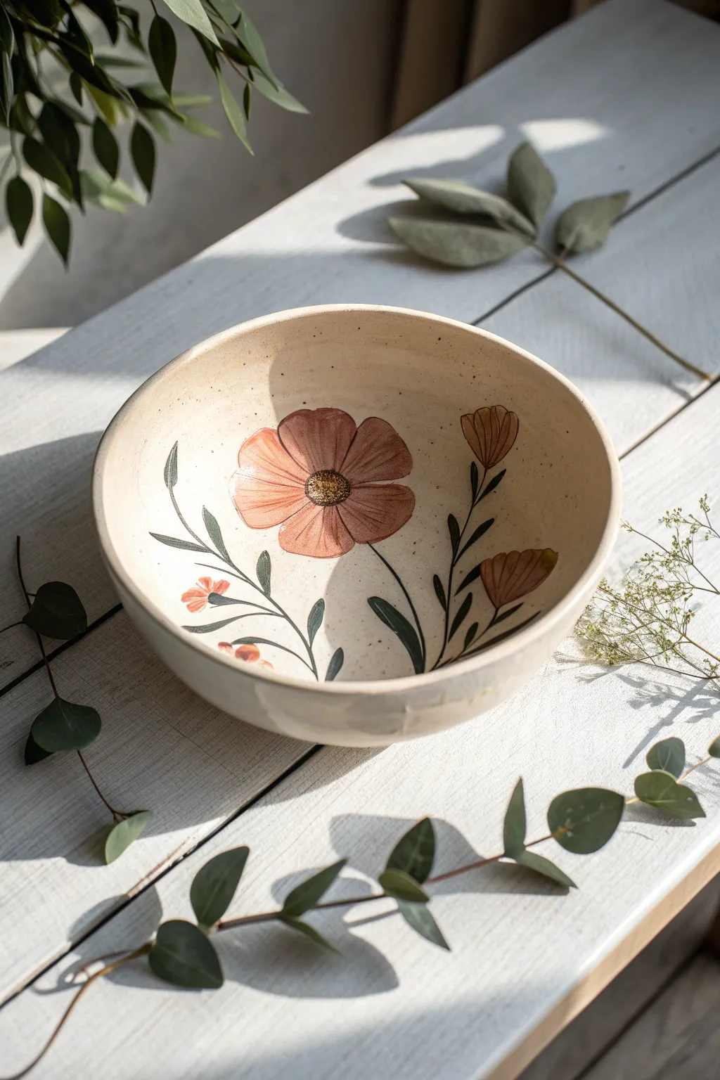 Classic center bloom bowl painting: one bold flower and simple leaves in soft, modern tones