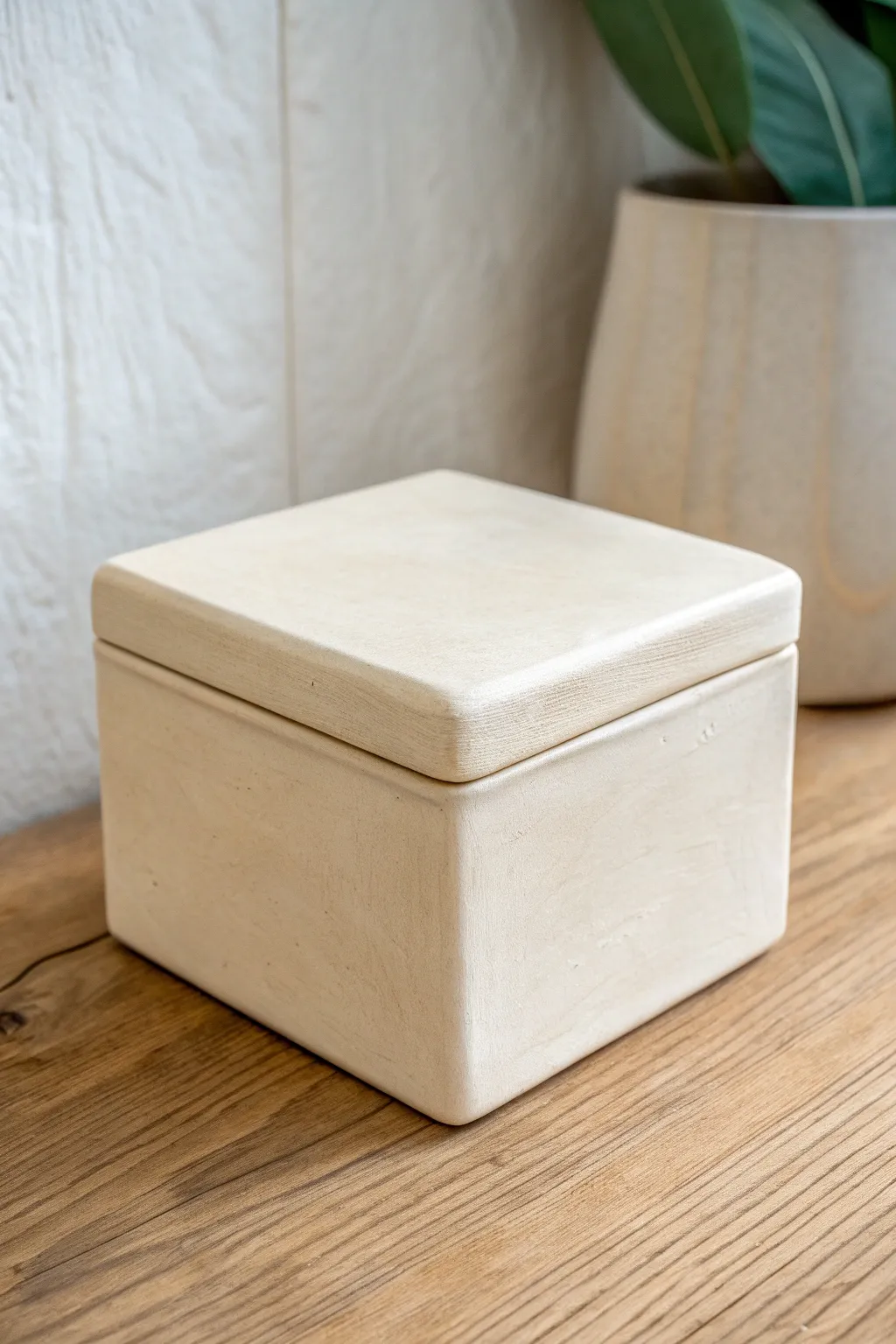 Classic slab-built square clay box with a clean flush lid and soft satin glaze on light oak