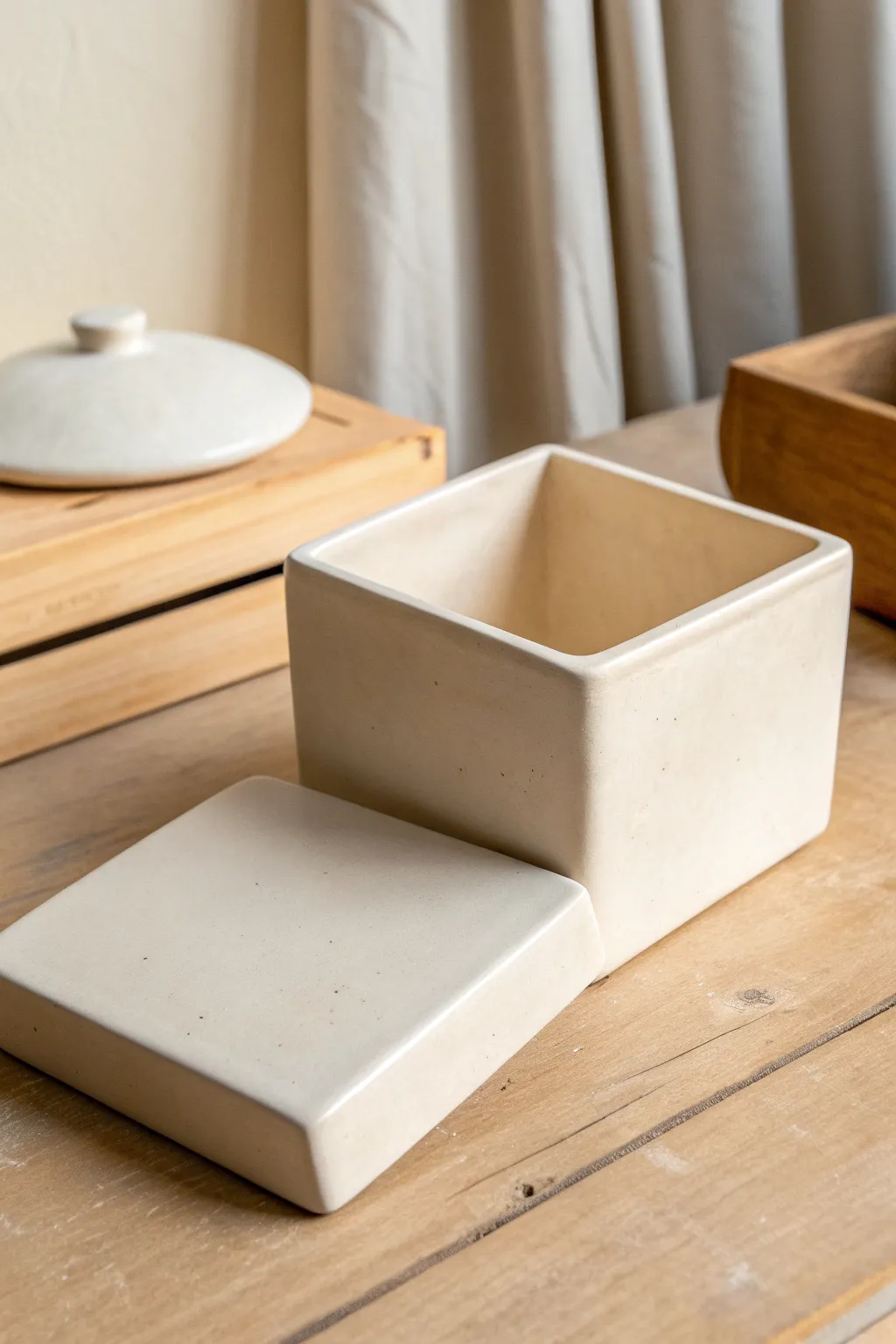 Classic slab-built square clay box with a fitted lid, clean edges, and calm minimalist style