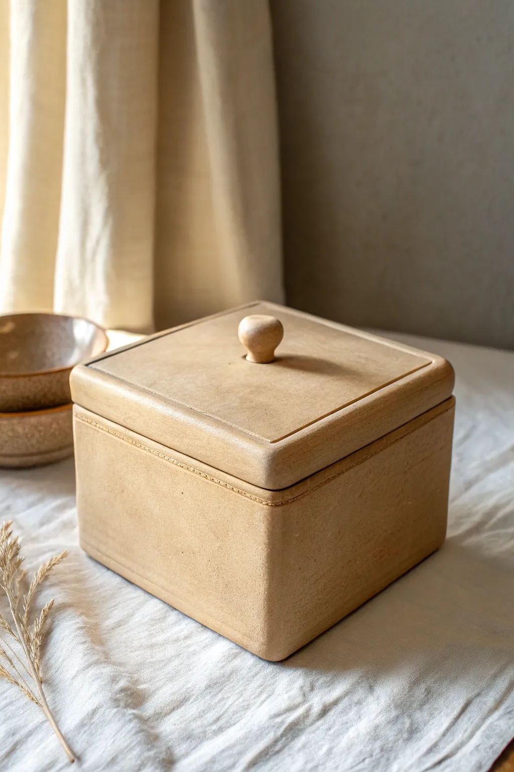 Timeless slab clay box with a crisp lift-off lid and centered knob in calm neutral tones