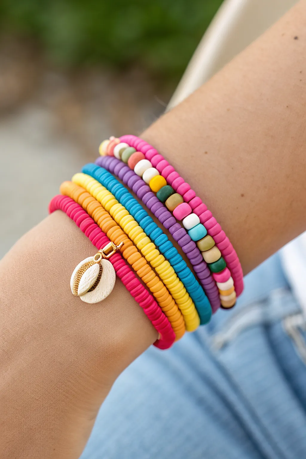 Classic rainbow heishi bracelet stack with bright pops of color on a calm neutral backdrop