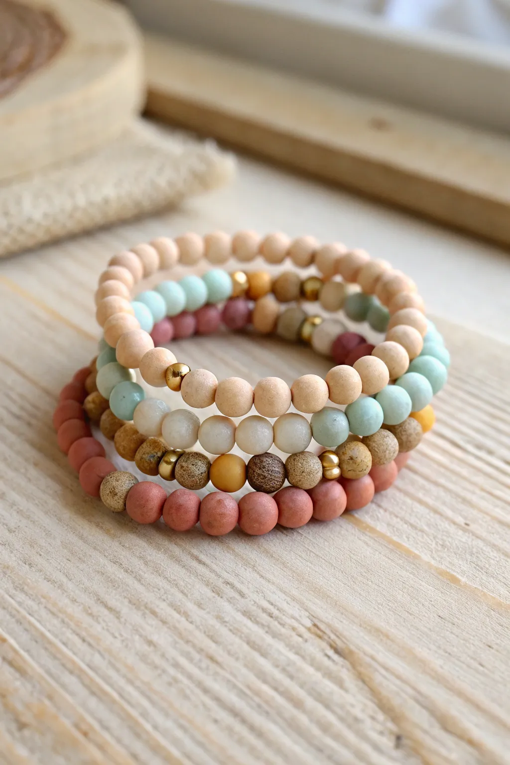Cheerful mixed-color clay bead bracelet stack with subtle gold spacers for a polished look