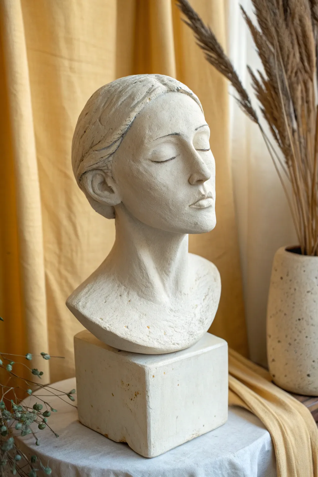 Classic self-portrait clay bust with calm features, minimal texture, and soft Scandinavian light