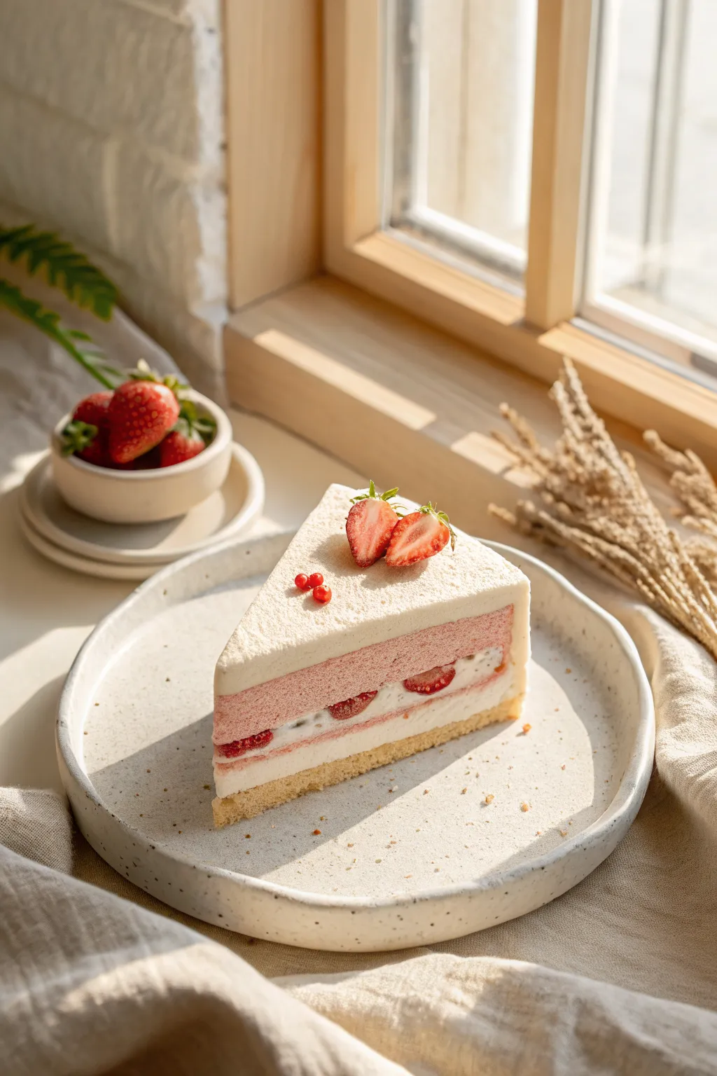 Classic strawberry shortcake clay slice with creamy frosting and bright berry detail in soft light
