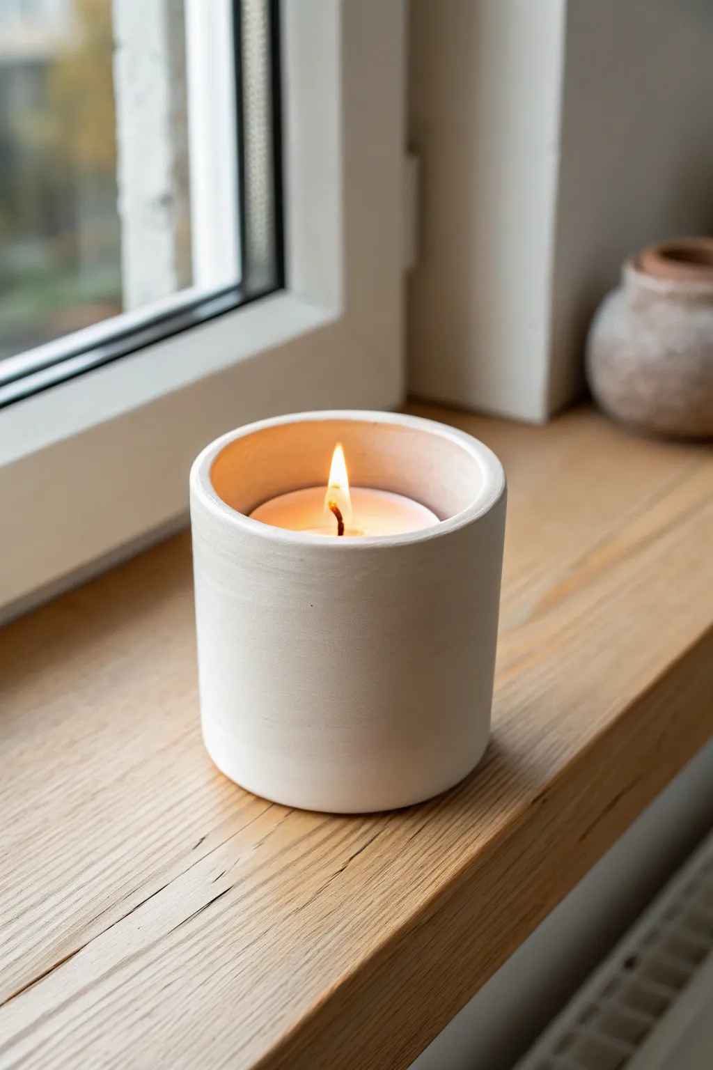 Minimalist clay tea light cup with a warm glow, perfect for simple Scandinavian cozy vibes.