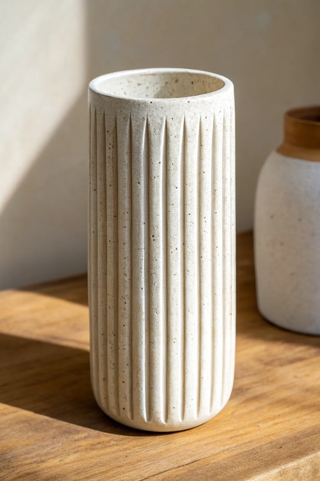 Clean vertical flutes on a minimalist cylinder vase, a simple clay carving idea with depth.