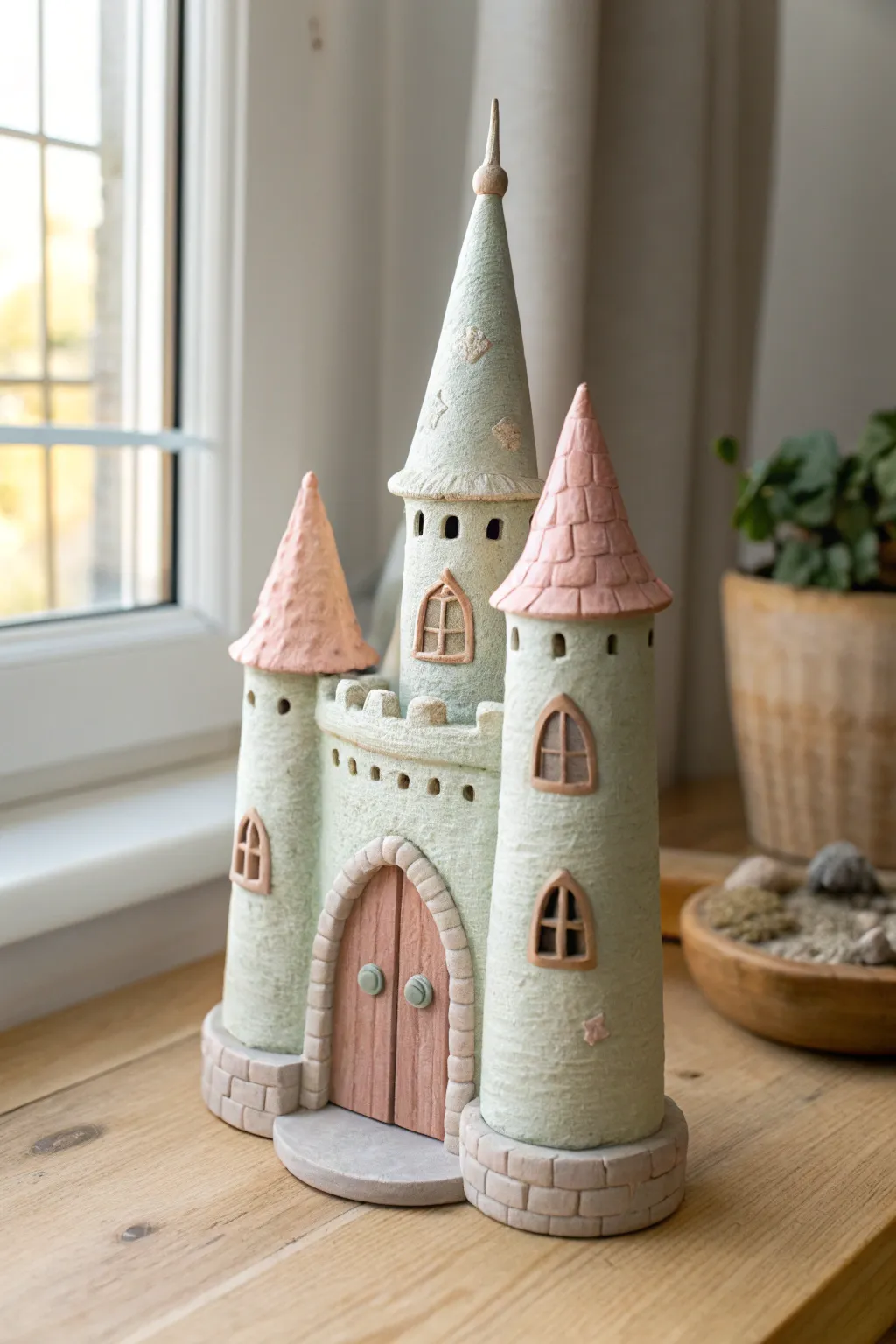 Mini fairy-tale clay castle with twin turrets and pastel roofs, a sweet handmade accent for shelves.
