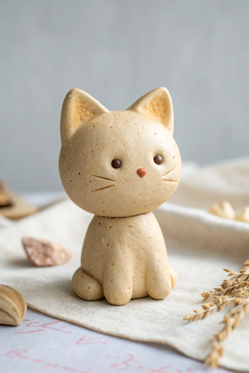Sweet chibi kitty clay figurine with simple dot eyes and cozy minimalist Scandinavian charm