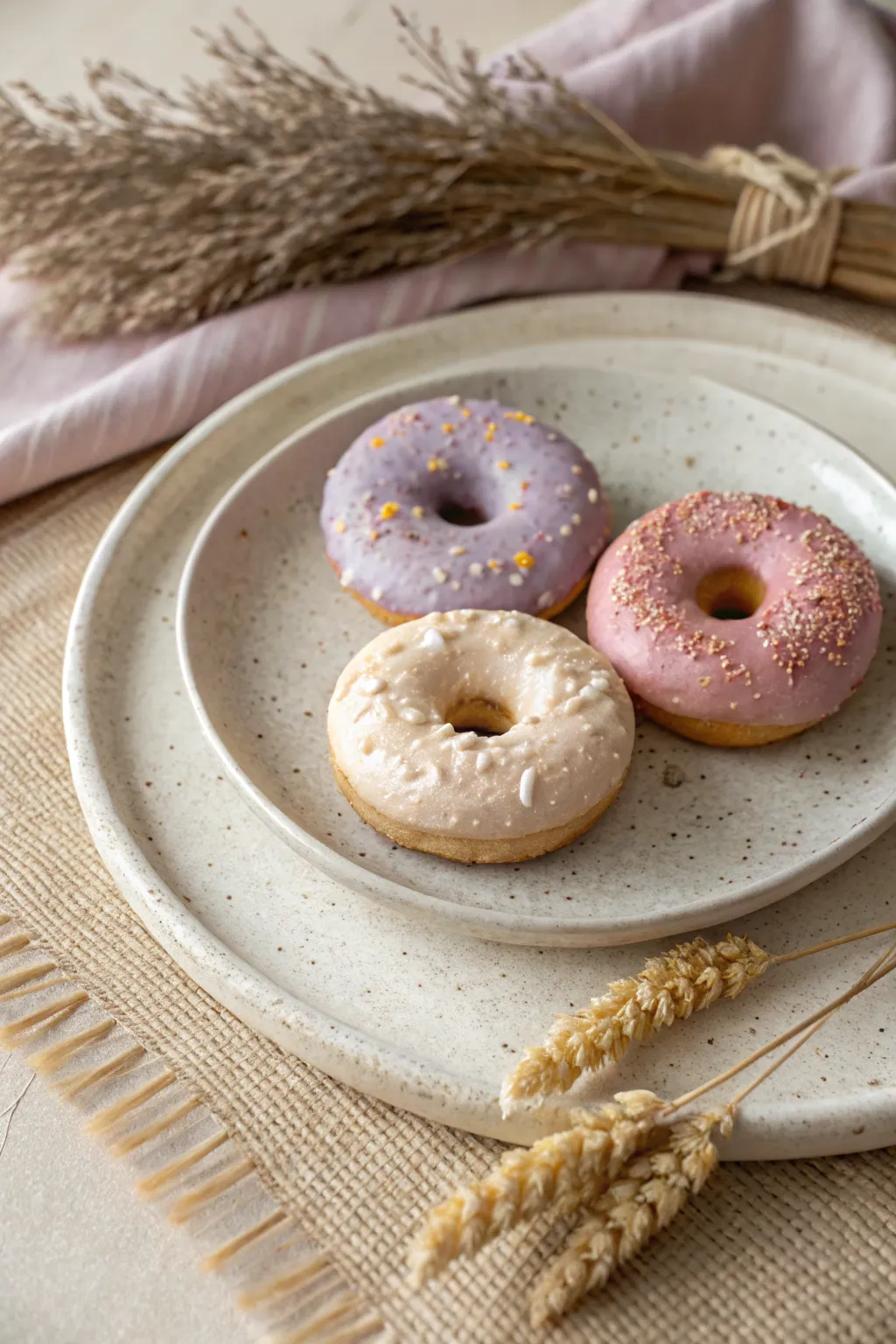 Pastel trompe loeil donut trio plate with raised sprinkles, handmade charm, minimal boho vibes.