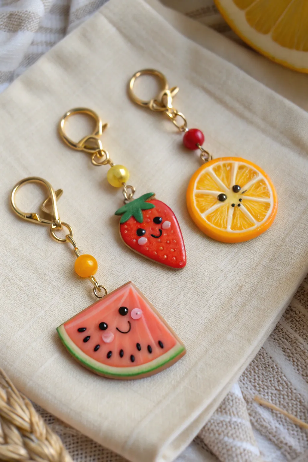 Smiley fruit slice clay charms with glossy juice shine, sweet blush cheeks, and clean minimalist styling.
