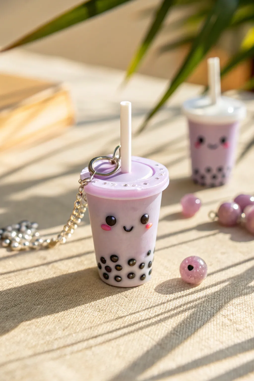 Pastel smiley bubble tea clay charm in soft window light, minimal and irresistibly cute