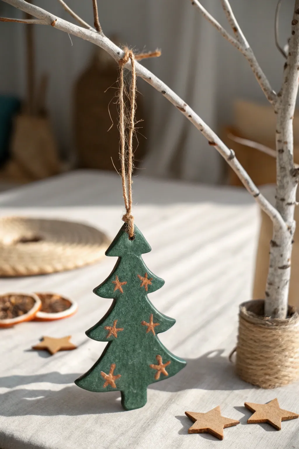 Classic clay cutout tree ornament in cozy tones, hung with twine for minimalist holiday charm