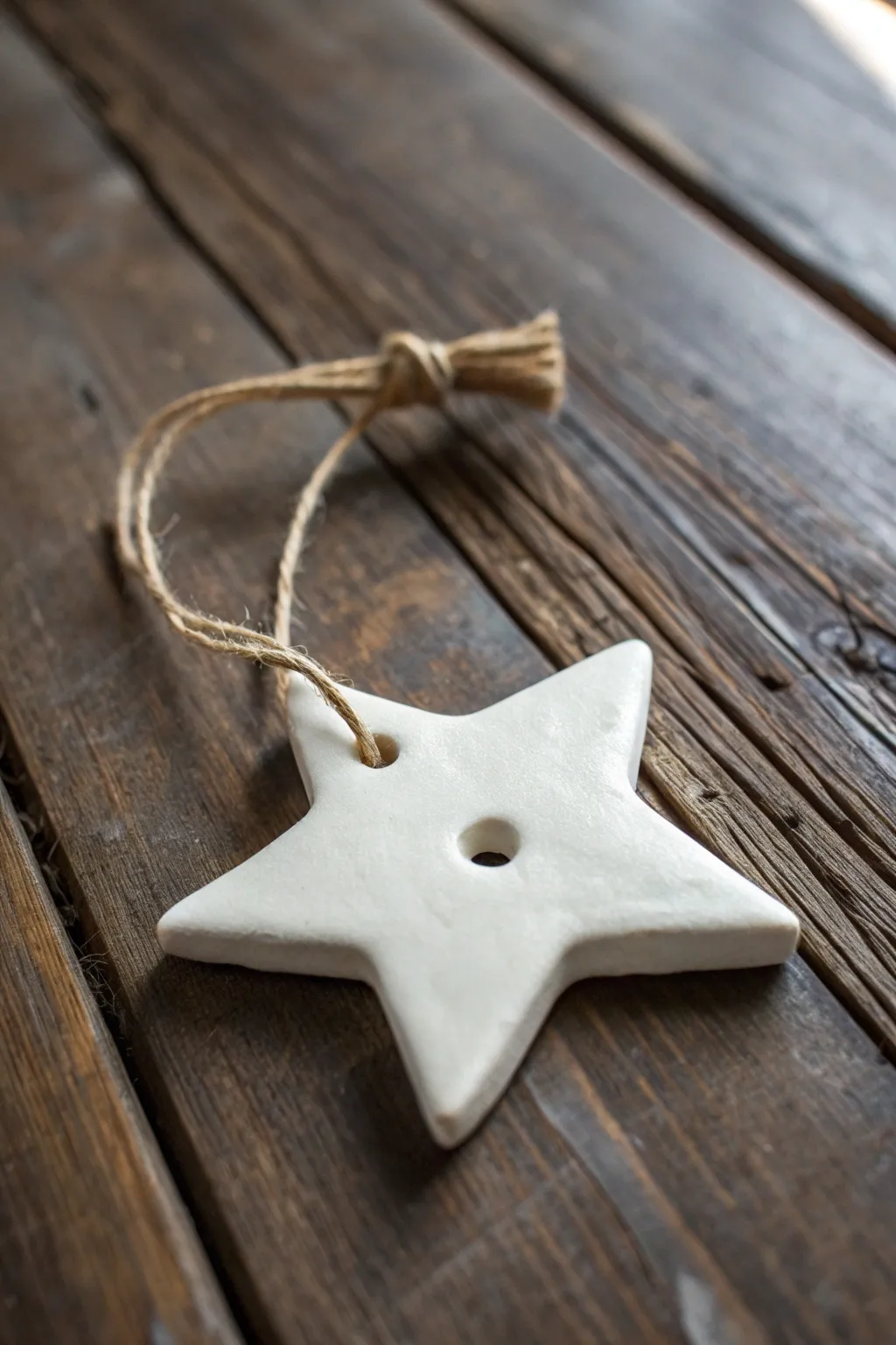 Minimal white clay star ornament on rustic wood, a classic cookie-cutter shape for Christmas.