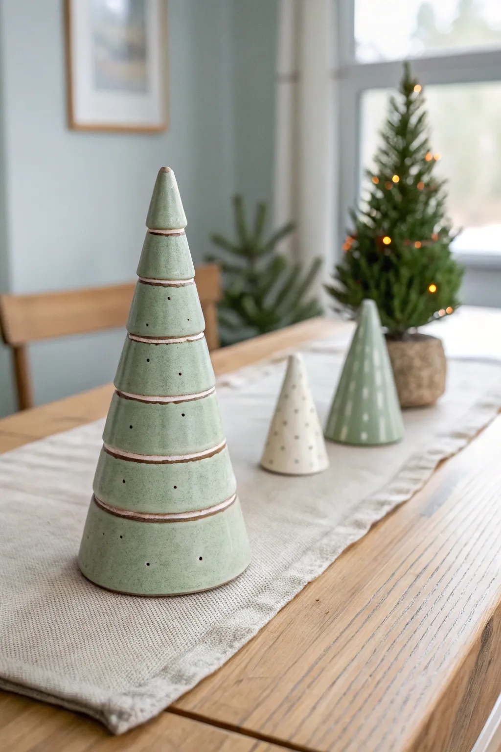 Classic cone clay trees in soft sage and white for an effortlessly cozy Scandinavian holiday table