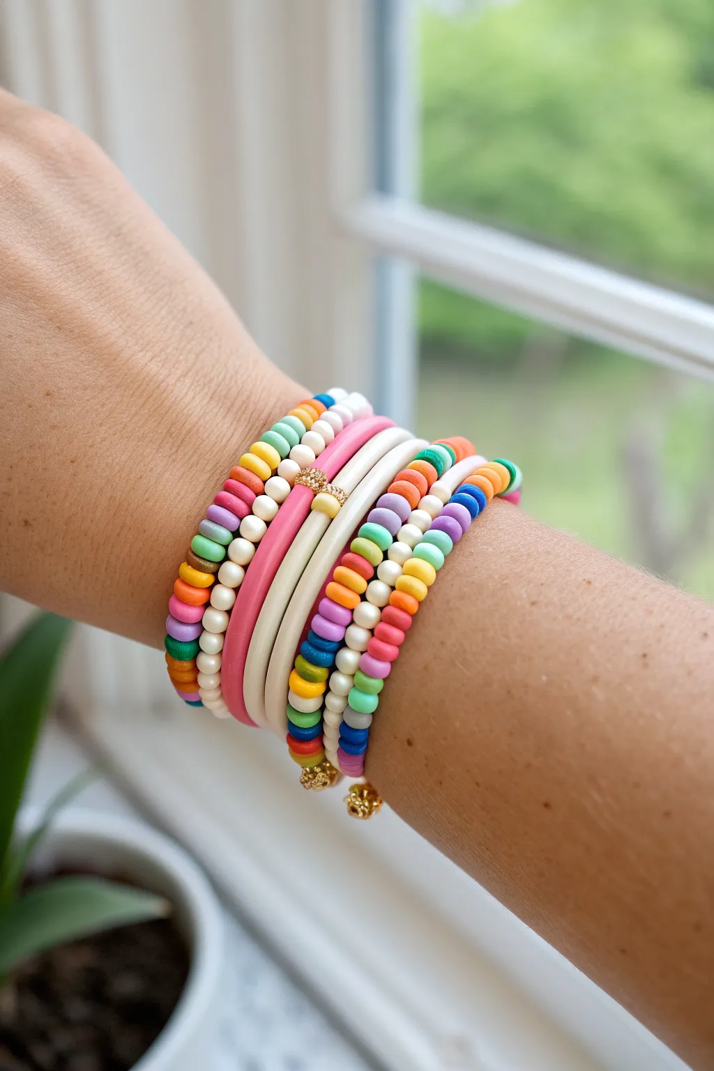 Classic rainbow heishi stack, five clay bead bracelets that brighten any minimalist summer look.