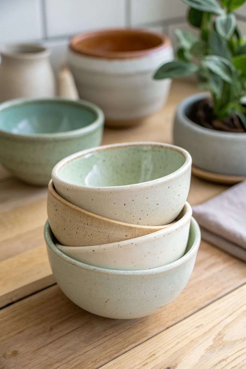 Classic pinch pot bowls in soft neutrals, stacked and nested for a cozy minimalist studio look