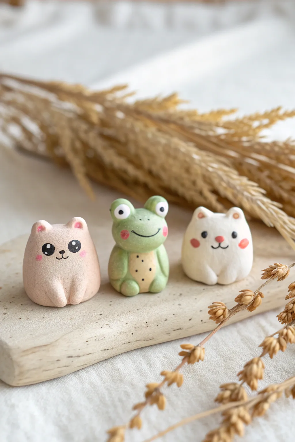 Mini clay bear, frog, and cat figurines in soft pastels for an easy, adorable sculpture idea.