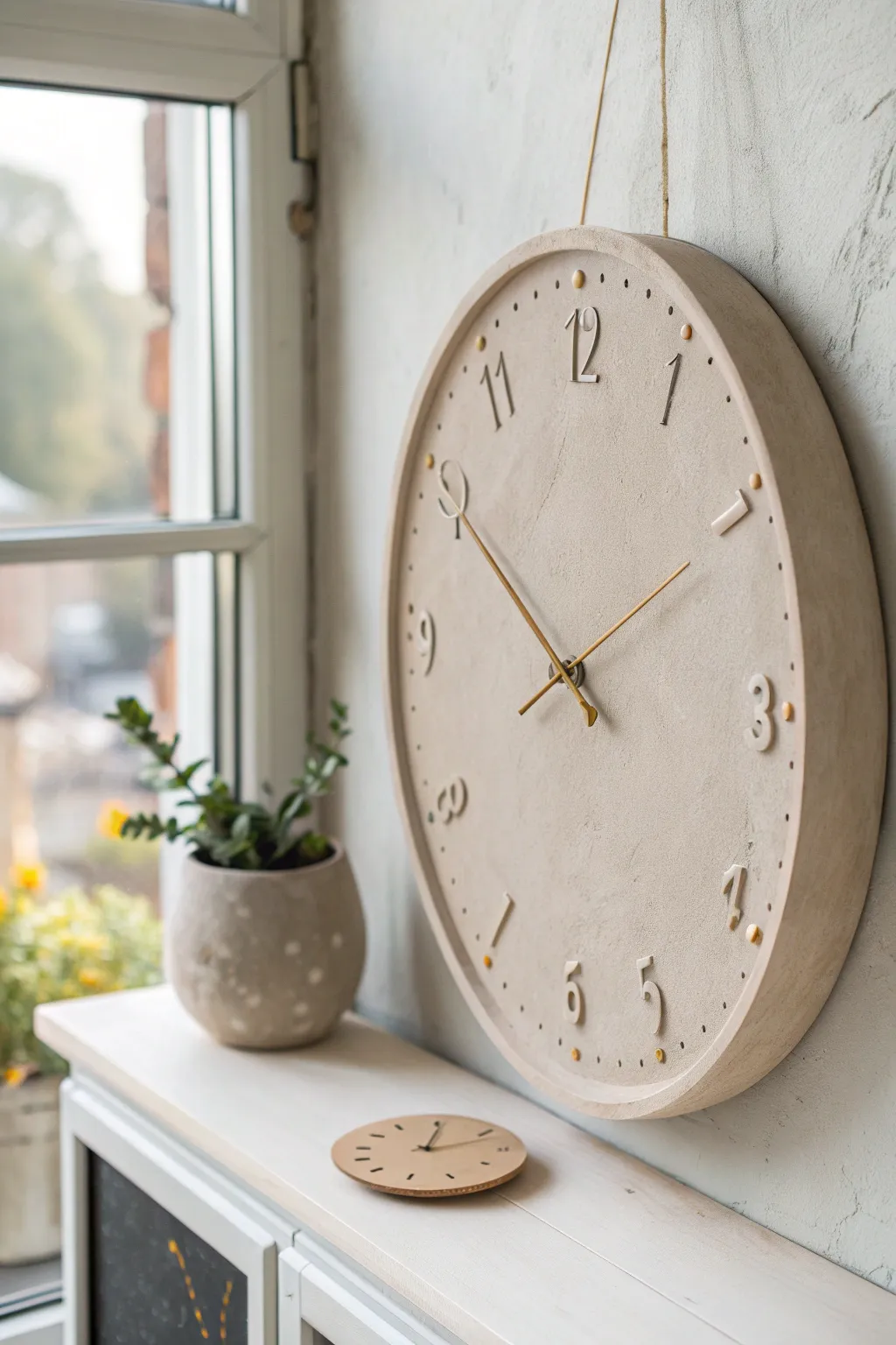 Minimal matte clay wall clock with subtle carved ticks for an airy Scandinavian boho look