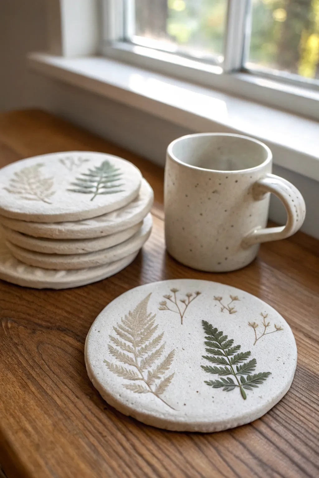 Botanical leaf-imprint clay coasters bring cozy, minimalist charm to your coffee ritual.