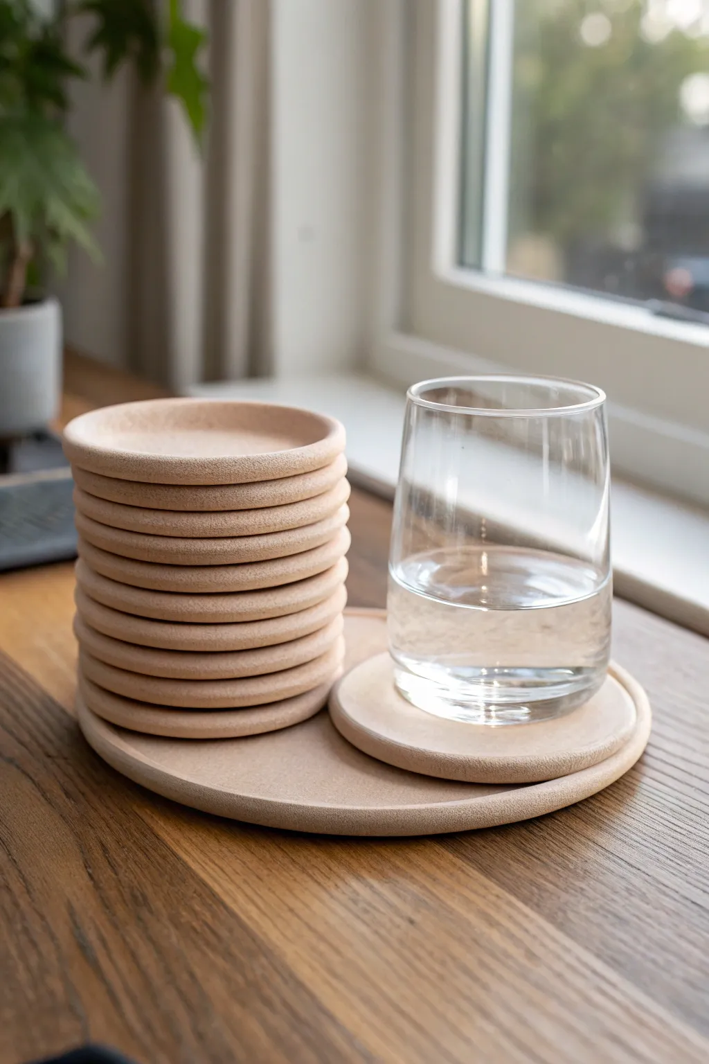 Classic matte air-dry clay coasters in a soft neutral stack, styled with a clear glass.