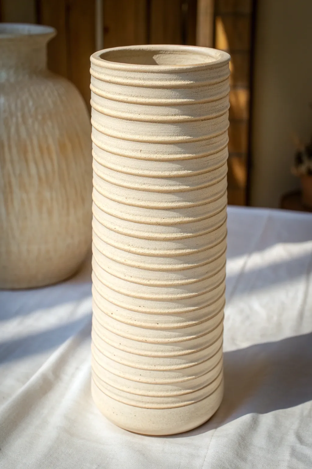 Classic stacked coil cylinder vase with clean lines and visible coils in a calm neutral setting