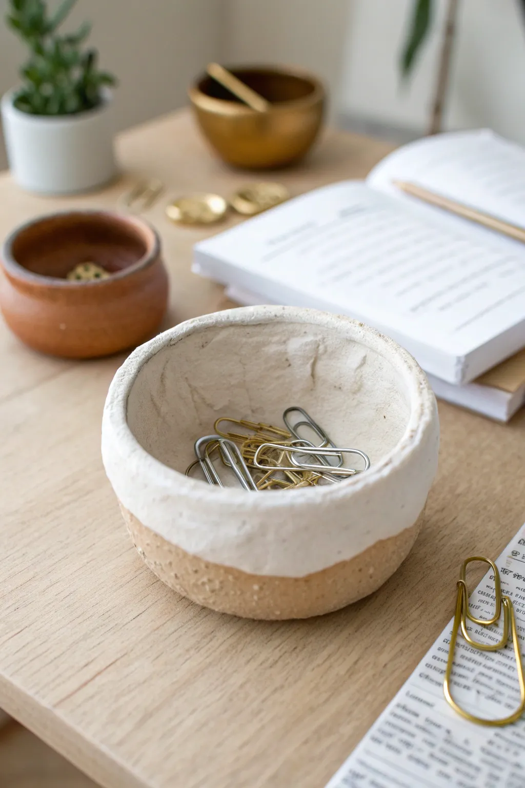 Simple handmade pinch pot in warm neutrals, perfect for rings and tiny desk treasures.