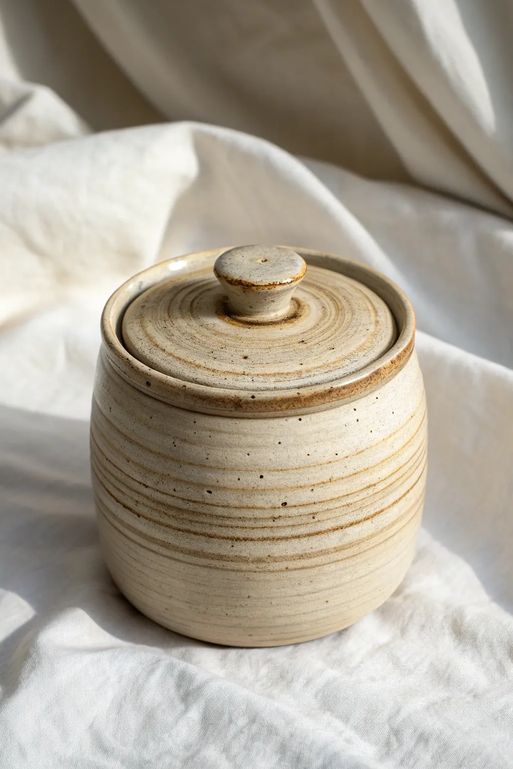 Minimal round canister with snug gallery lid and tiny knob in soft neutral glaze.
