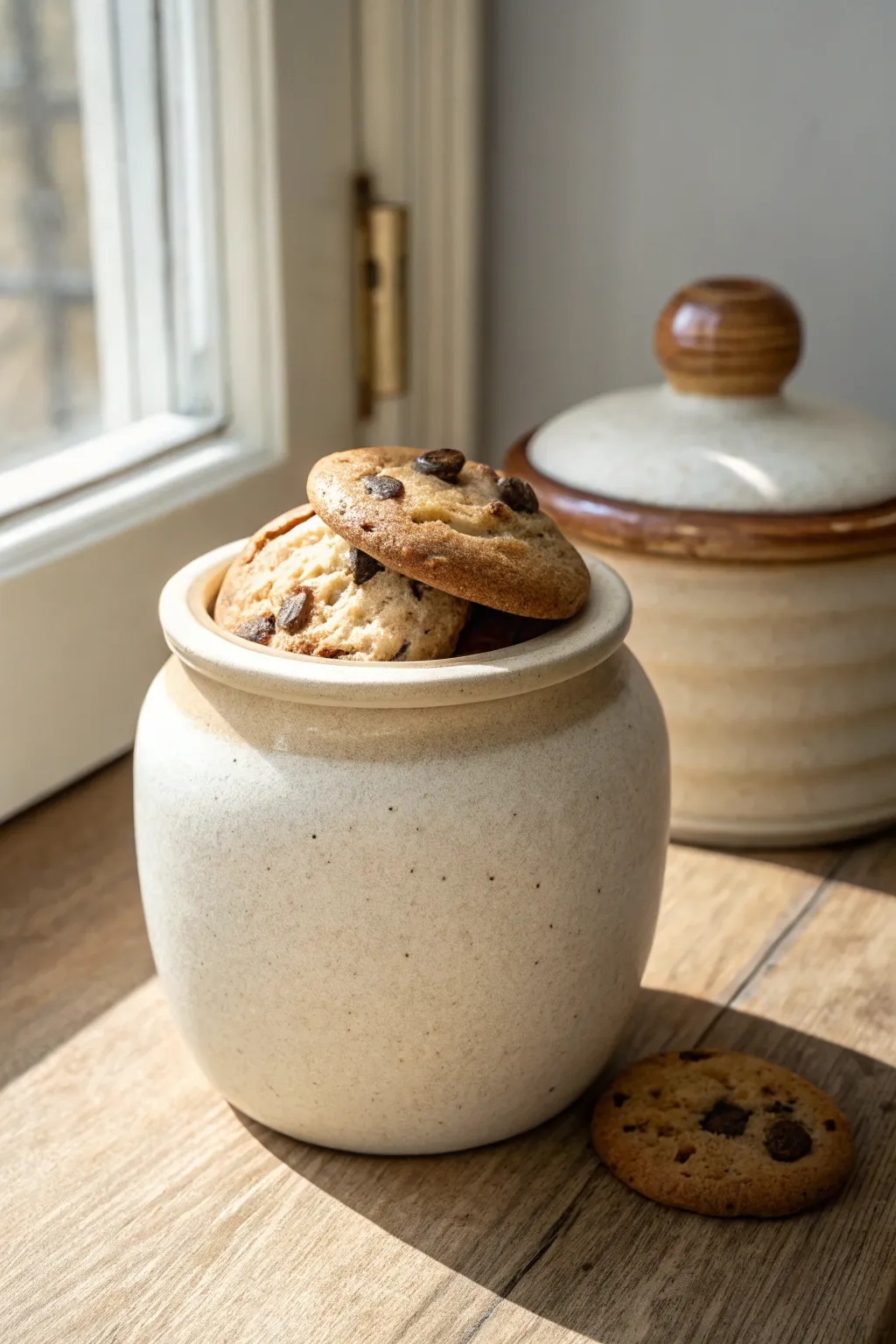 Minimal ceramic cookie jar with a chocolate chip cookie lid, cozy neutral tones and crisp contrast.