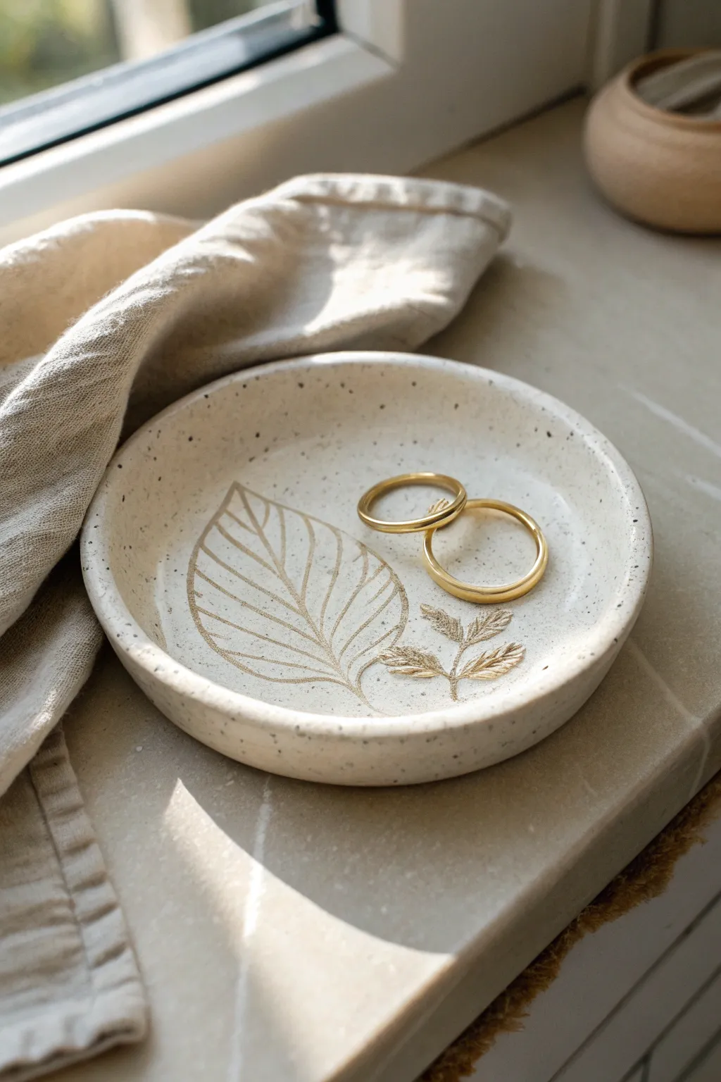 Minimal clay ring dish with leaf imprint, matte finish, calm Nordic vanity styling.