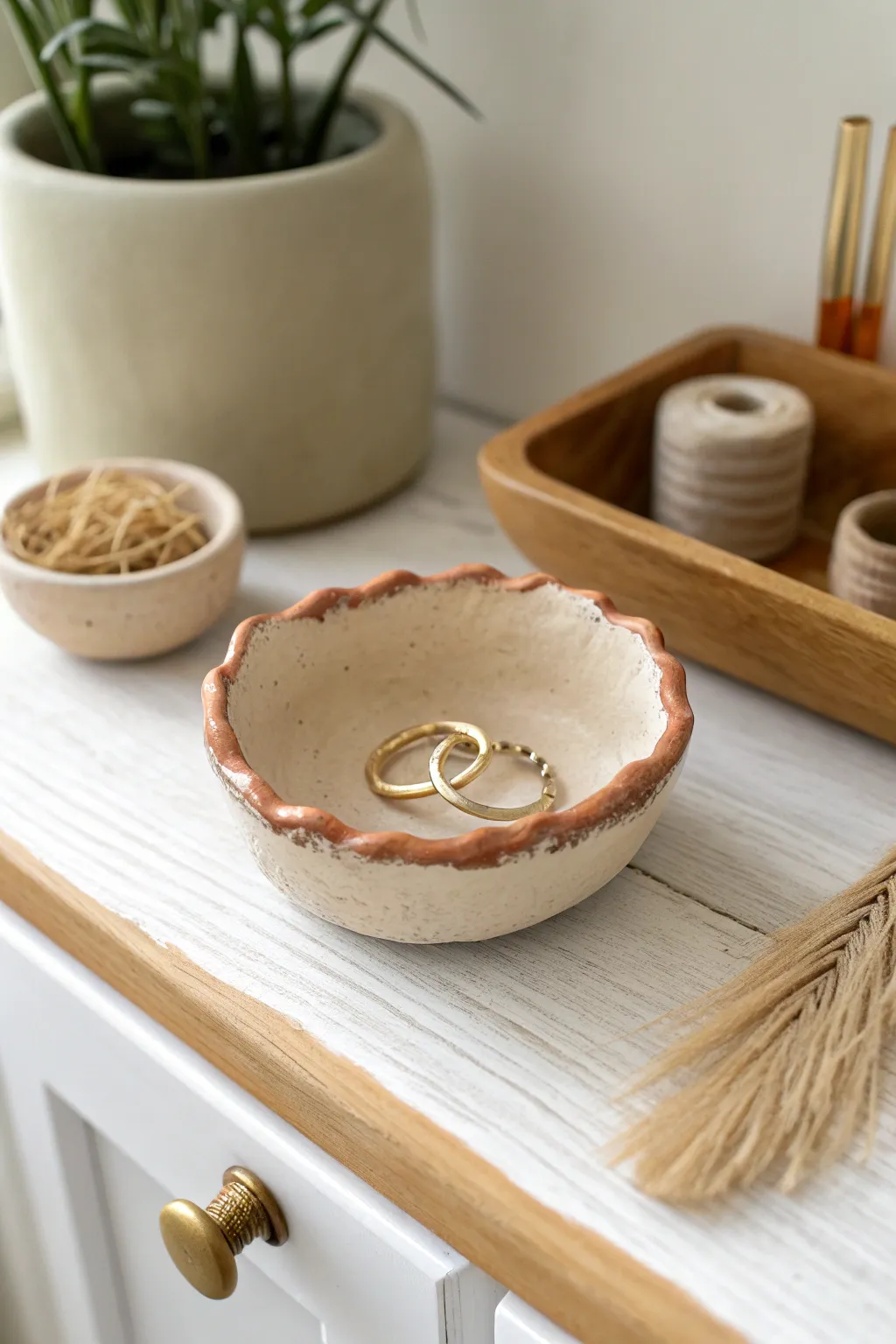Beginner-friendly pinch pot trinket dish with soft rim, perfect for rings on your vanity.